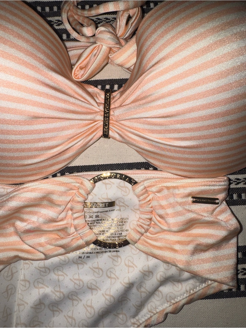 Victoria's Secret Peach & Cream Striped Bandeau Bikini Set wi/ Gold Rings, 36C/M - Picture 3 of 6
